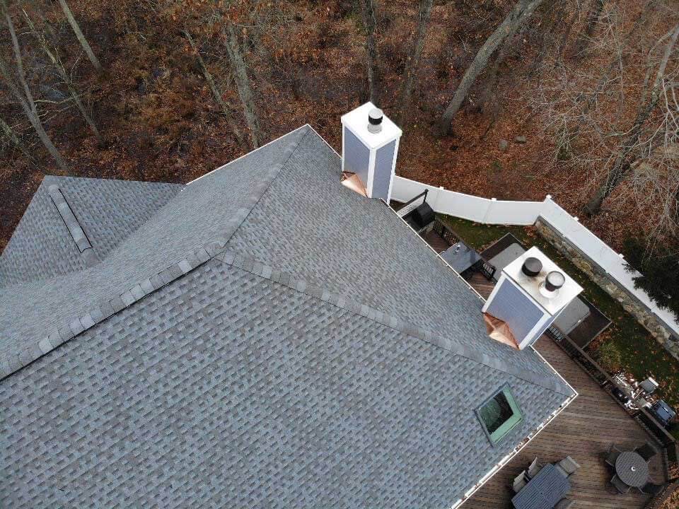 Aerial view of section of roof with GAF asphalt shingles