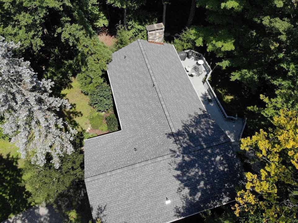 Aerial view of GAF asphalt shingle replacement on home in Putnam Valley