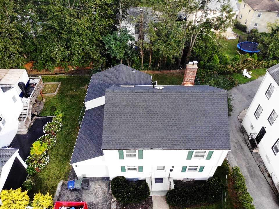Aerial view of home in White Plains, NY with new GAF Asphalt shingles