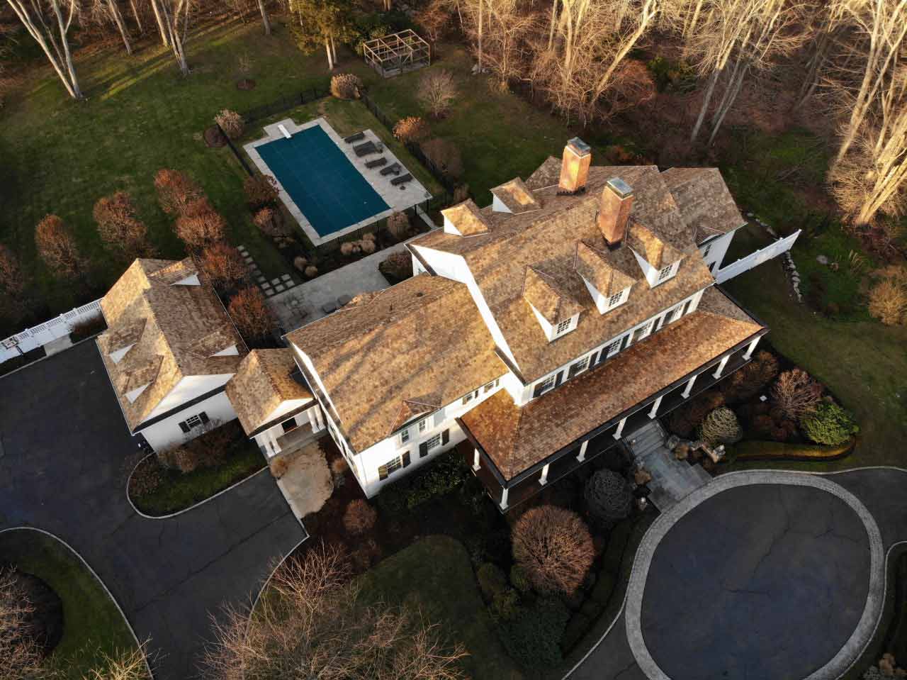 Aerial view of cedar roof on home