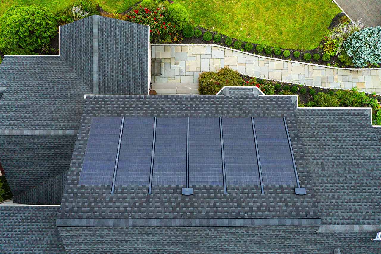 Overhead view of GAF Timberline solar shingles on roof
