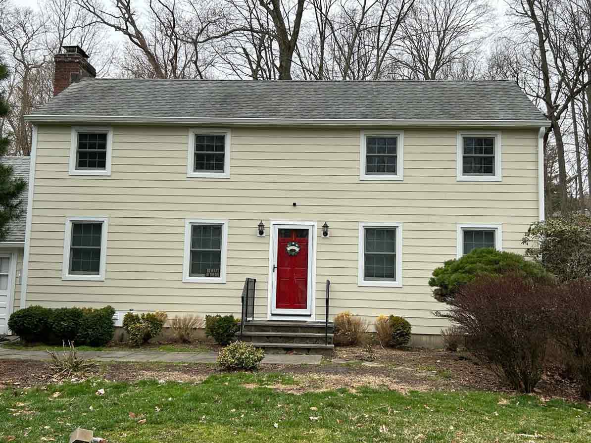 Front of home with James Hardie siding in Navajo beige