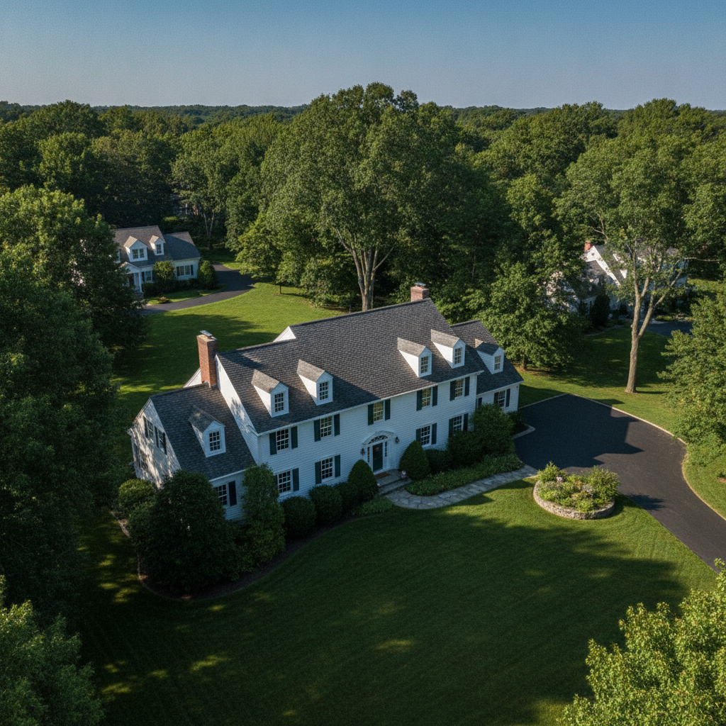 Aerial view of a fresh charcoal architectural asphalt shingle roof on a classic New England Colonial home in a leafy Fairfield County, Connecticut suburb, warm summer afternoon light
