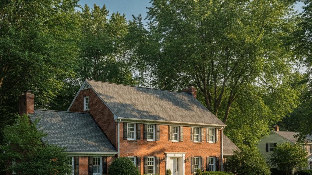 Freshly installed architectural asphalt shingle roof on a classic Colonial home in a leafy New York or Connecticut suburb, warm summer afternoon light, lush green trees in background