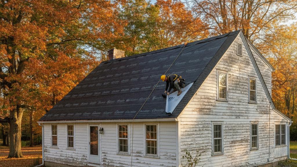 Roofer installing self-adhering ice-and-water shield membrane at the eaves of a steep-slope roof on a New England home in fall