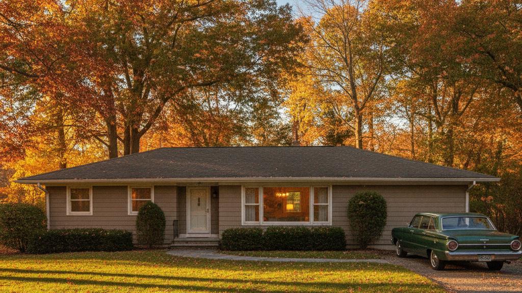 A 1960s Ranch-style home in Greenburgh, NY with large picture windows viewed from the yard in autumn, surrounded by fall foliage, overcast sky, warm interior light visible through the glass