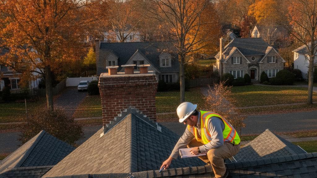Insurance adjuster inspecting a residential asphalt shingle roof in autumn, examining shingle granule loss and flashing around a chimney on a suburban New York home, overcast fall sky